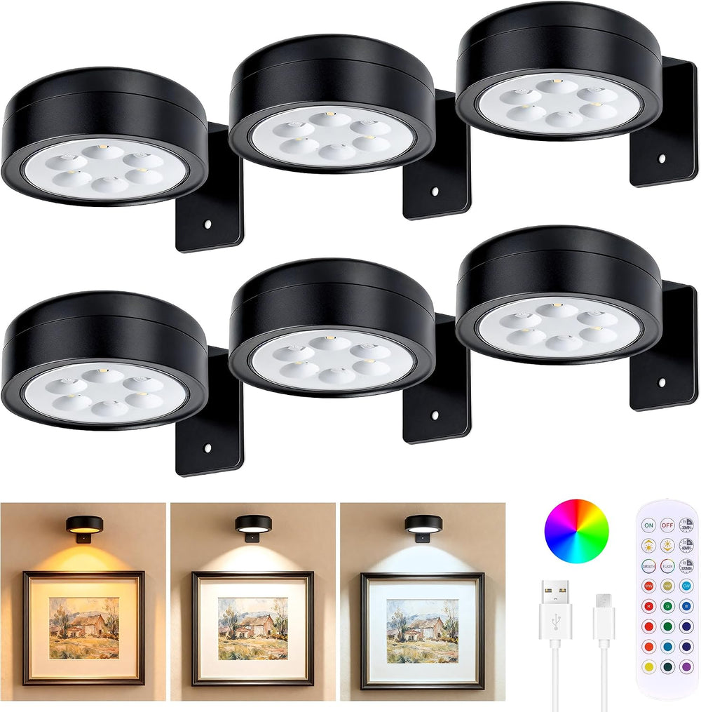 6-Pack Picture Lights for Wall, Rechargeable Wireless Poster Lights, Black