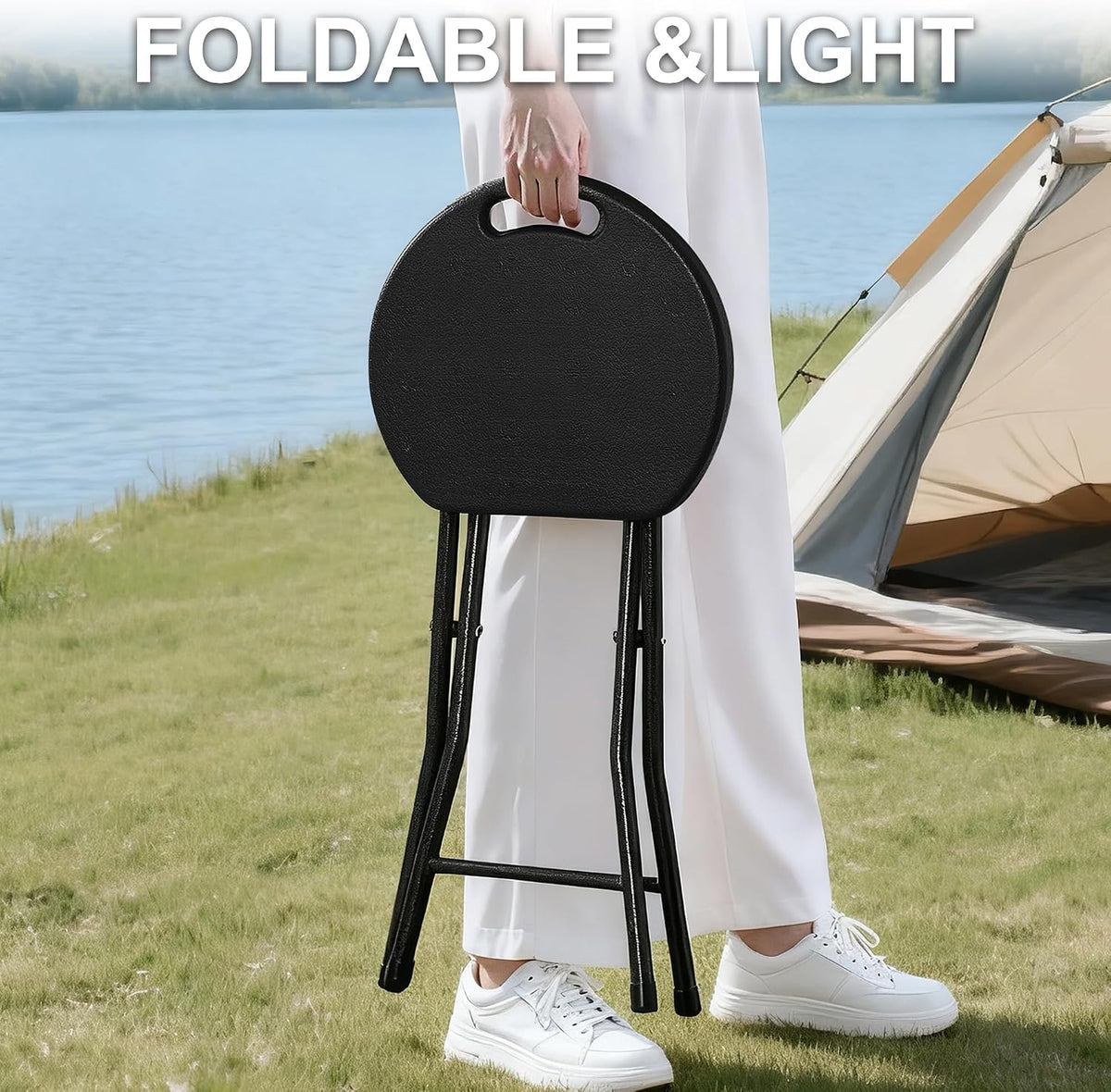 vecelo folding stool 18" with handle, solid bottom, close-up detail