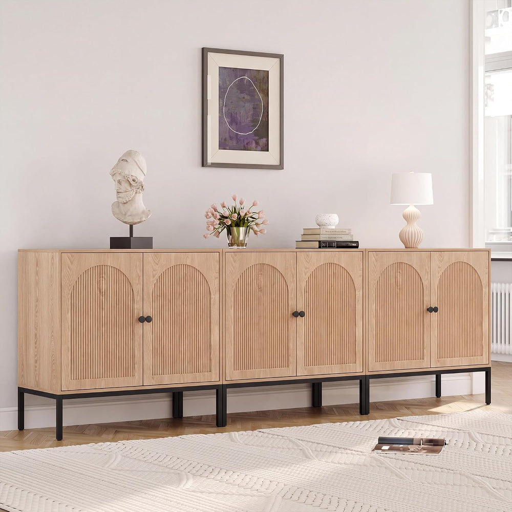 Yechen Fluted Sideboard Buffet Cabinet with Storage, Set of 3, Natural Oak