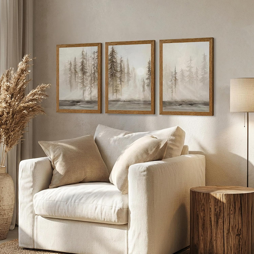 Urmoya Triptych Neutral Misty Forest Framed Canvas Wall Art, 12x16 inch x3