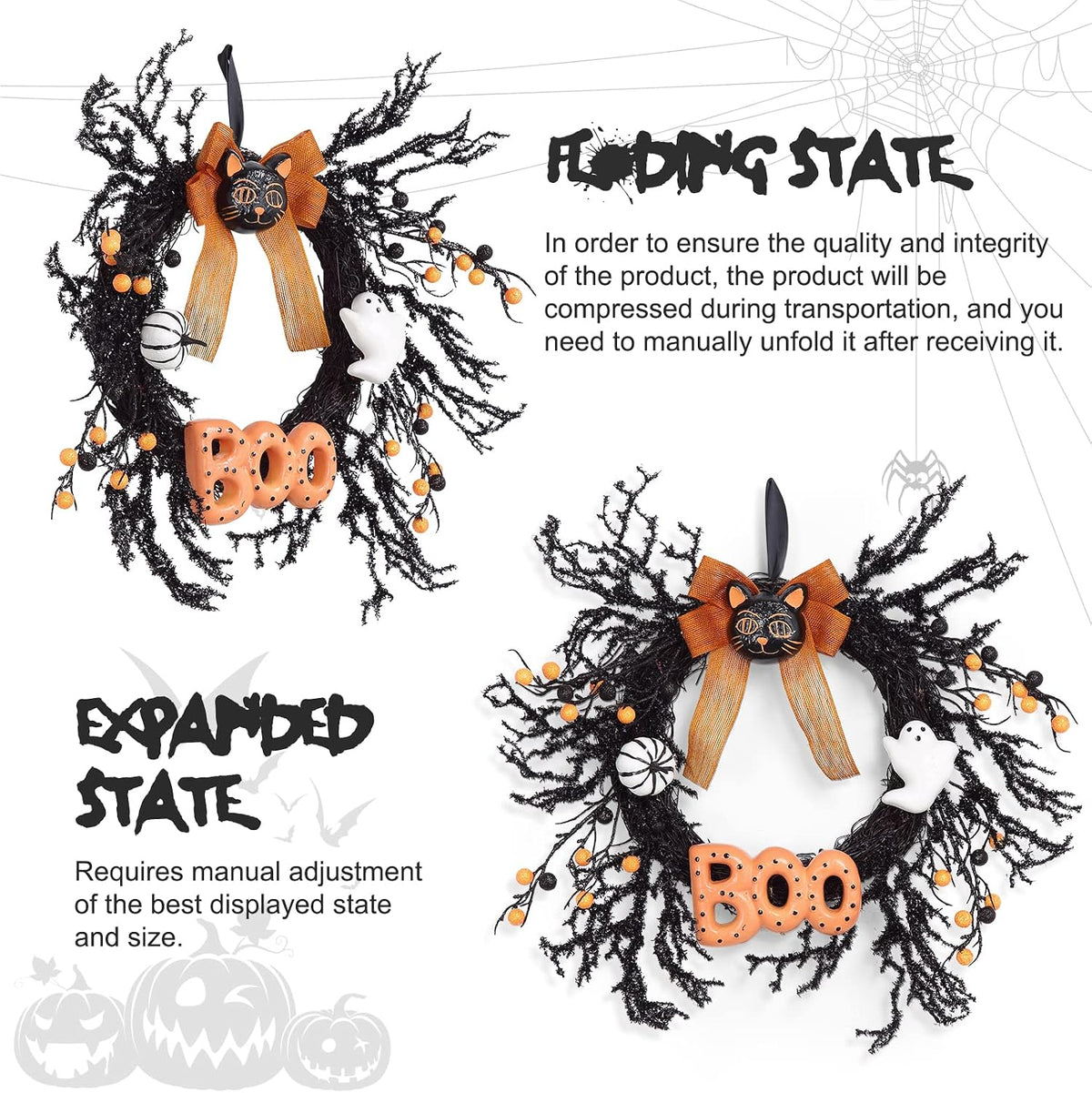 Halloween Wreaths for Front Door, 18Inch Halloween Wreath with Black Cat Boo Sign White Pumpkin and Ghost for Indoor Outdoor Window Proch Halloween Decoration