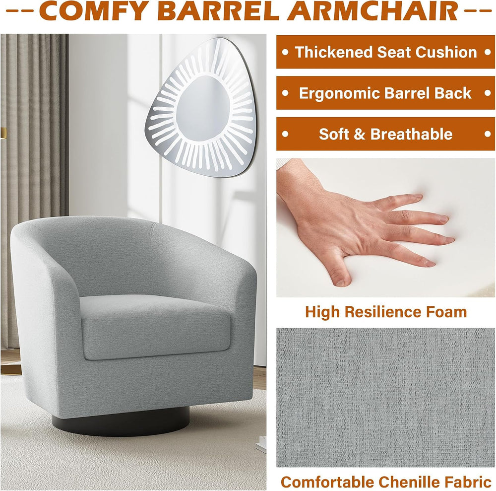 Swivel Accent Chair, Chenille Barrel Club Chair, Light Gray