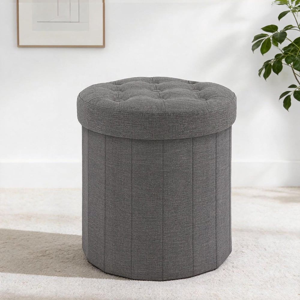 CAROLMADE Round Storage Ottoman, Linen Vanity Stool
