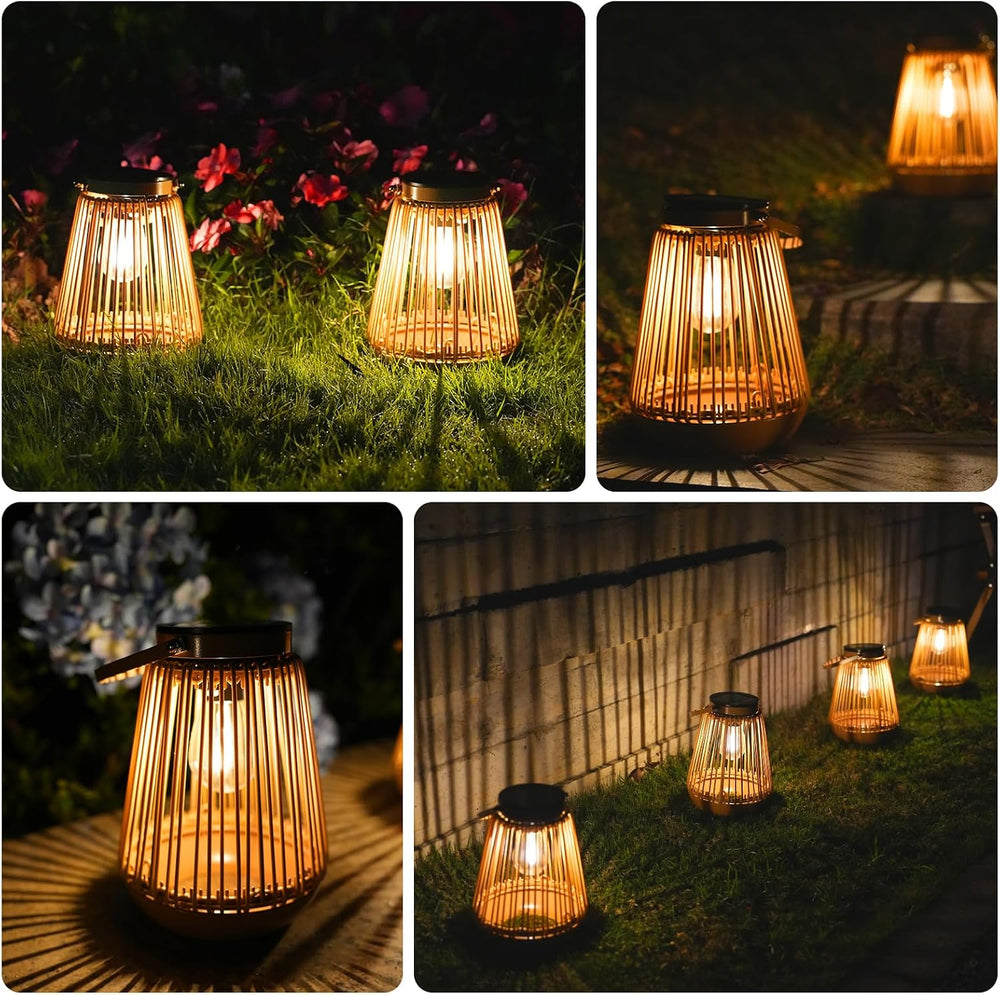 Solar Lanterns Outdoor Waterproof with Metal Base 2 Pack, Rattan Lanterns