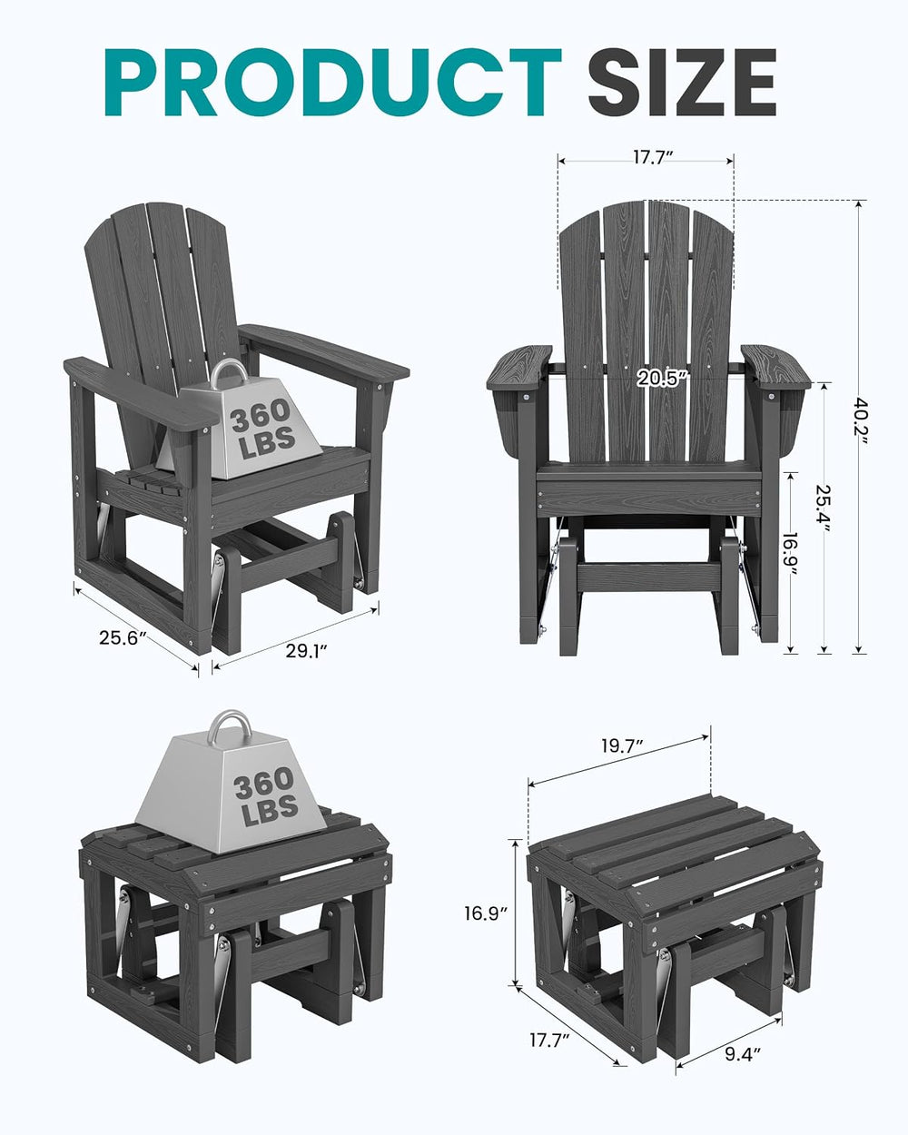 SERWALL HDPE Outdoor Glider with Ottoman, All-Weather Patio Glider Rocker