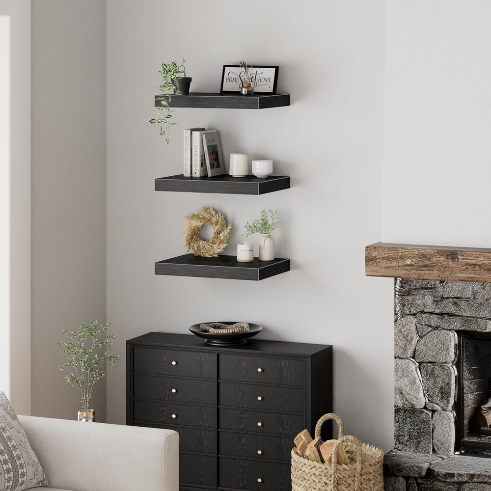 QEEIG 10" Deep Floating Projector Shelves Under TV Shelf (Black, Set of 3)
