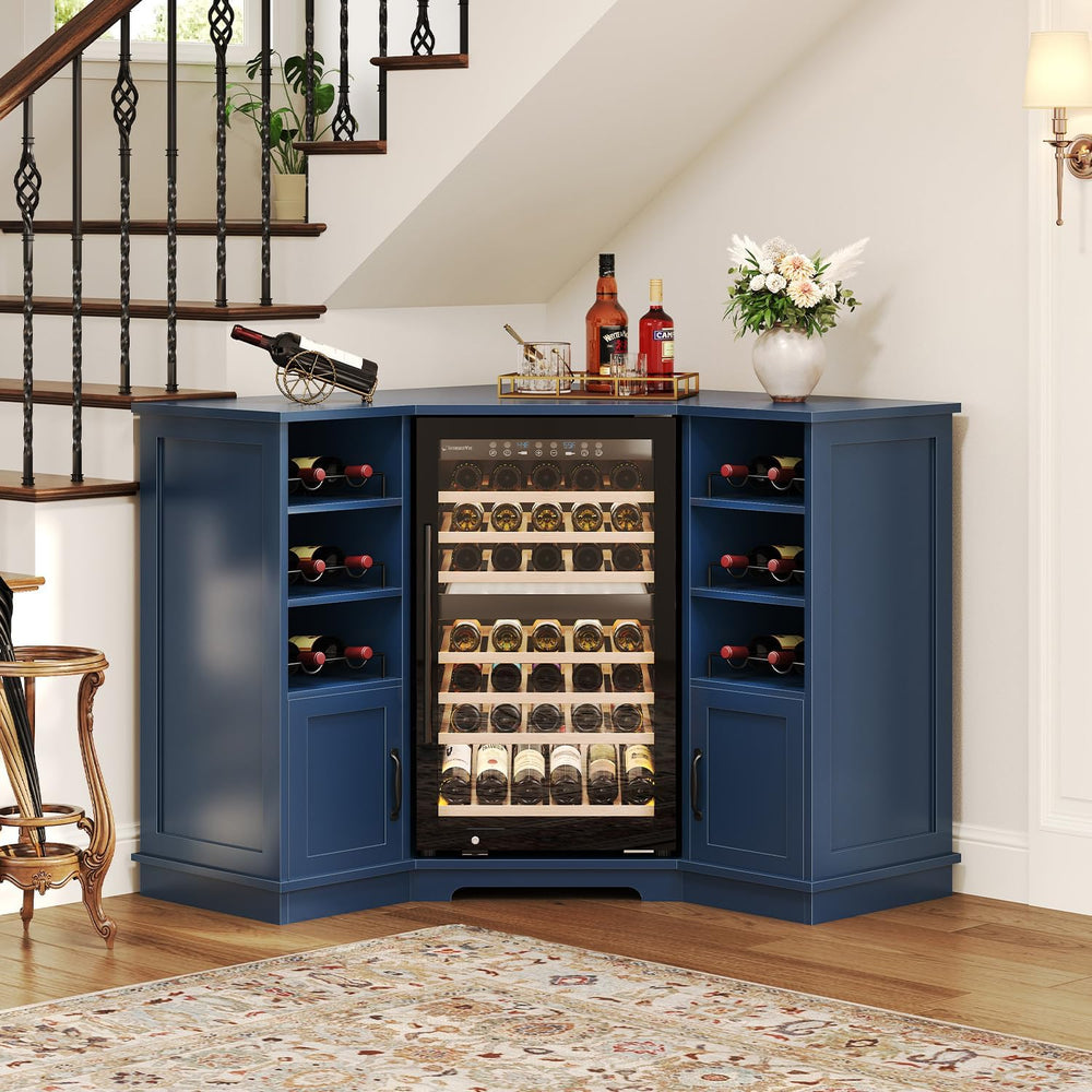 HSH 40" Corner Bar Cabinet with Fridge Space, L Shape Wine Cabinet, Blue