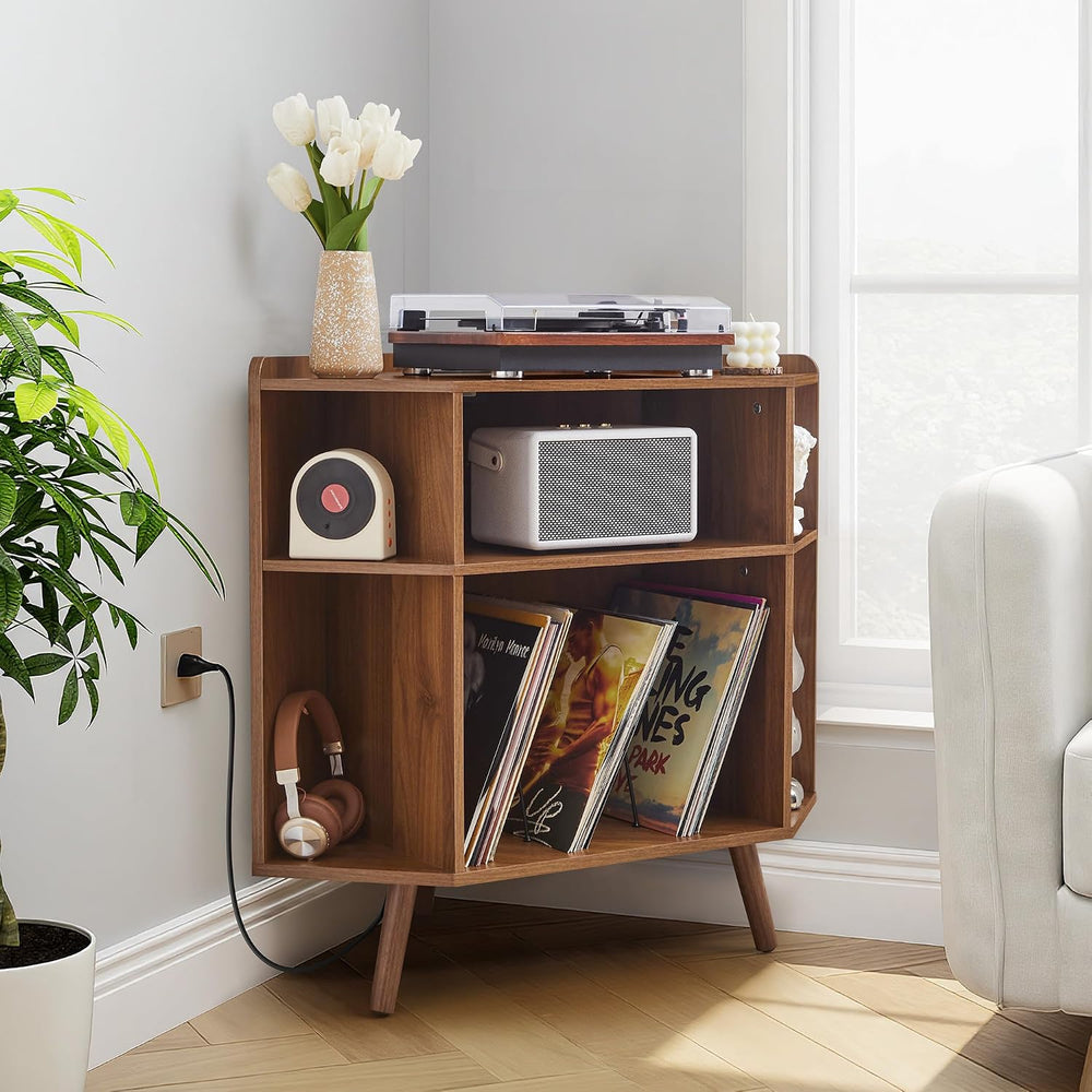 Corner Record Player Stand with Charging Station & USB Ports