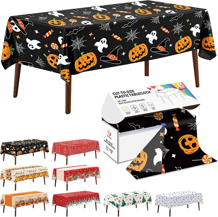 CXPSINC 54 Inch X 200 Feet Plastic Table Cover Roll Disposable Halloween Tablecloth with Slide Cutter Pumpkin Ghost Plastic Table Covers for Halloween Party Decorations (Halloween Pumpkin)