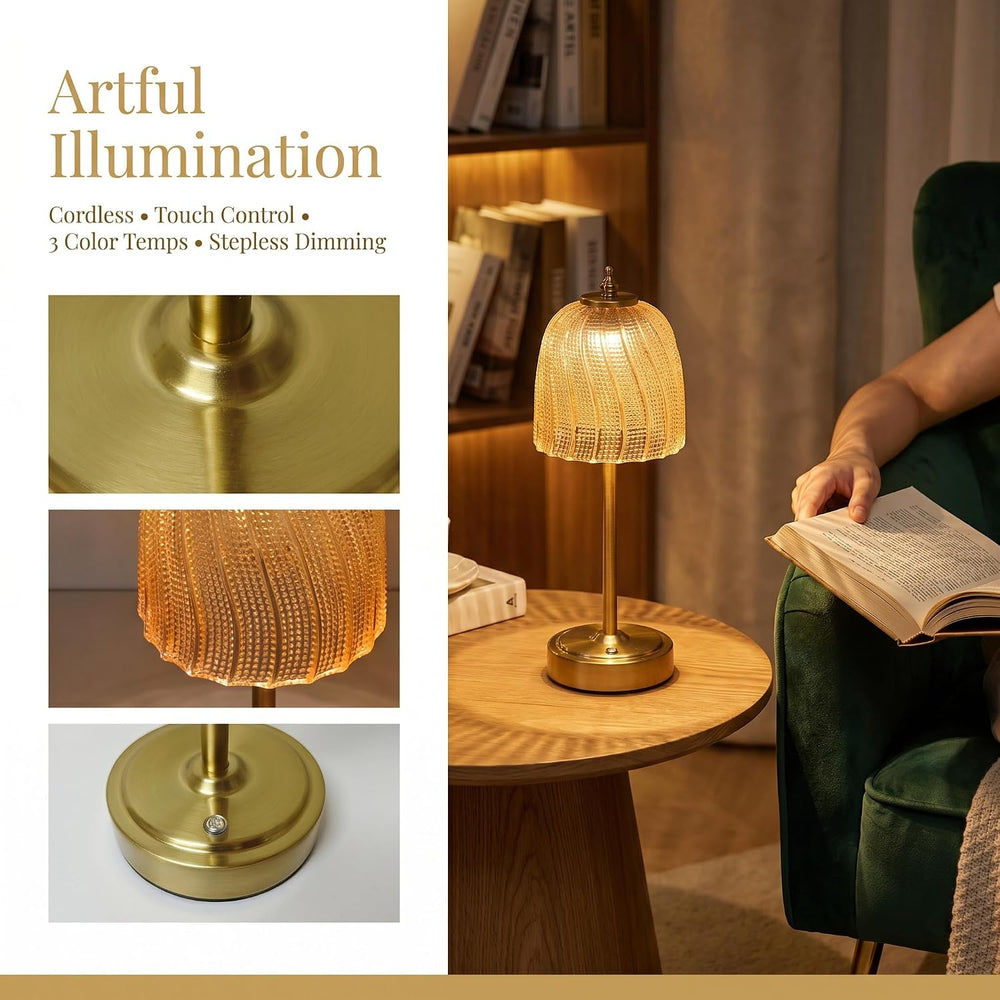 Cordless Glass Table Lamp, Rechargeable Amber Bedside Lamp