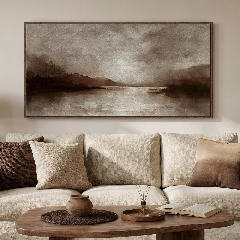 Large Framed Rustic Brown Abstract Landscape Wall Art, Horizontal 30x60 In