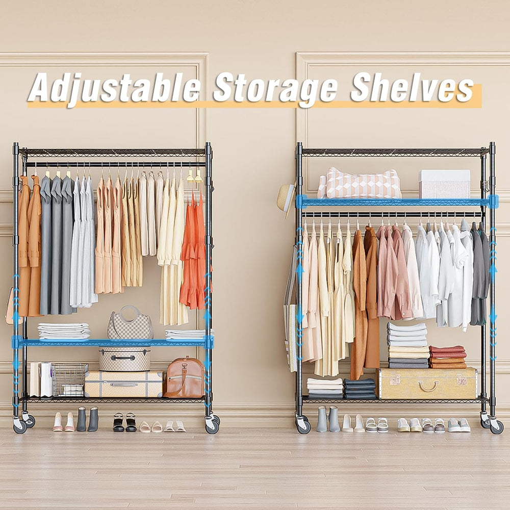 Homdox 3 Tier Heavy Duty Garment Rack with Wheels, Adjustable Wire Clothes Ra...