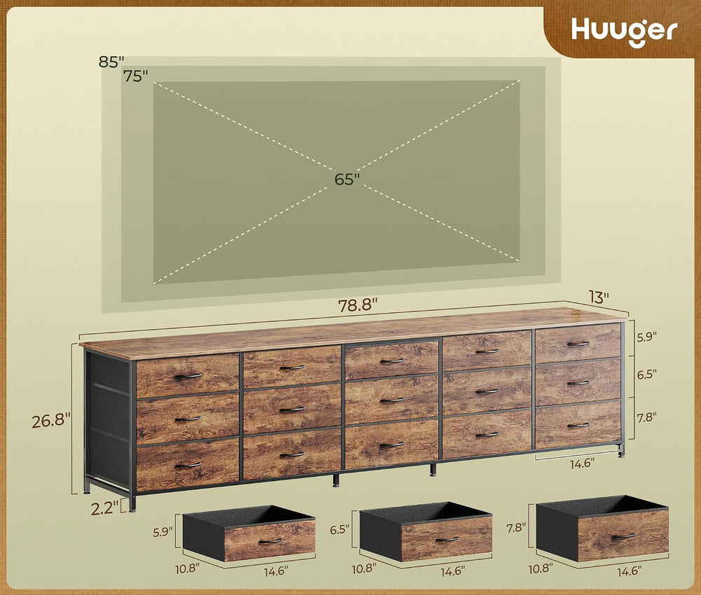 Huuger 78.7 inch Long Dresser for Bedroom, 15 Drawer Fabric Dresser for Close...