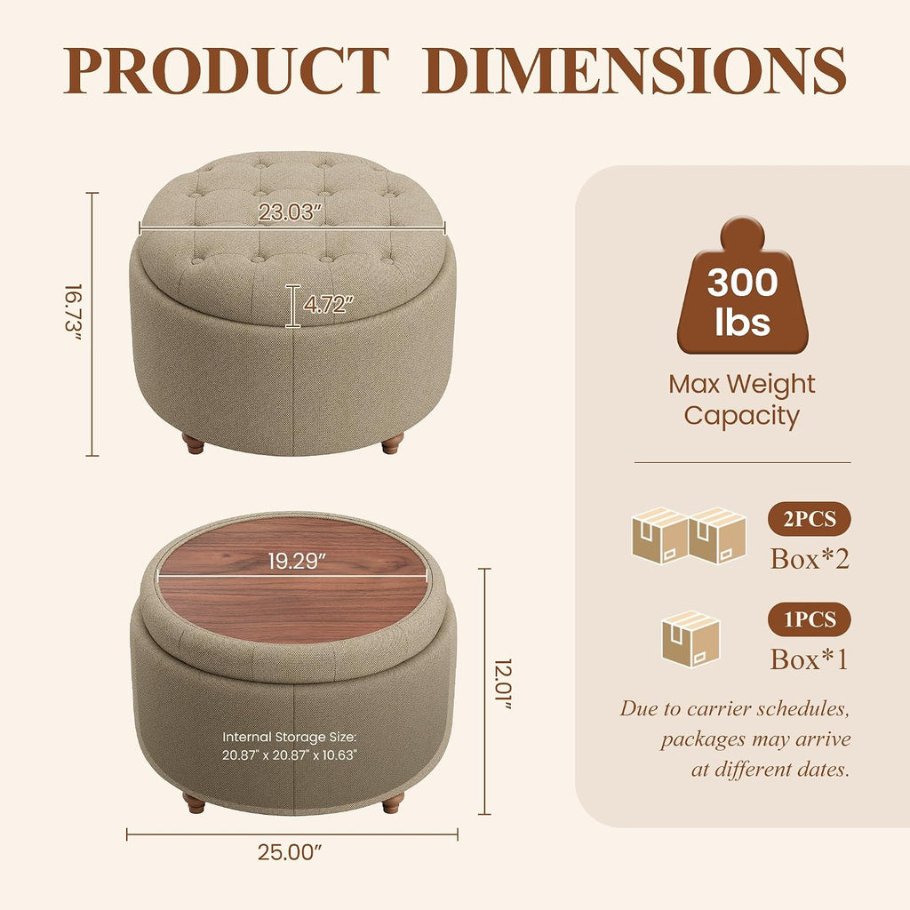 25" Round Ottoman with Storage, Small Coffee Table with Reversible Tray Lid