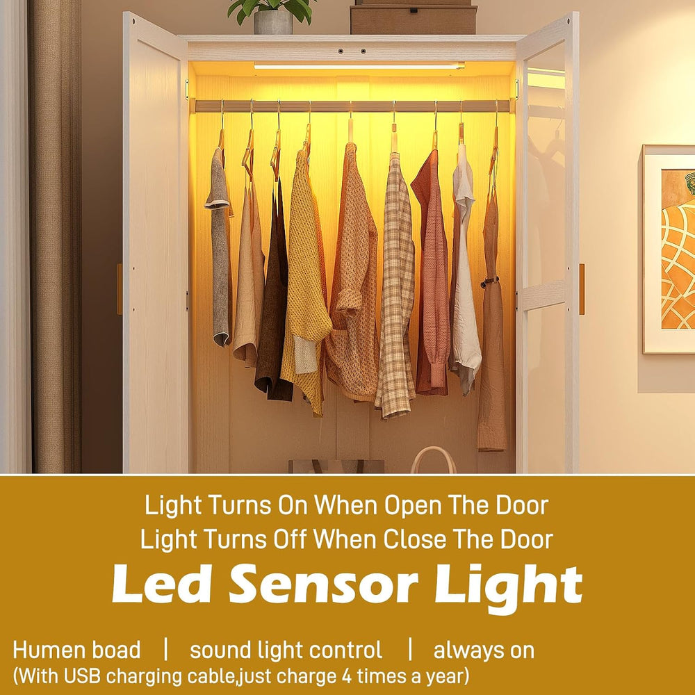 2 Doors Armoire Wardrobe Closet with LED and Mirror,71" H Freestanding W...