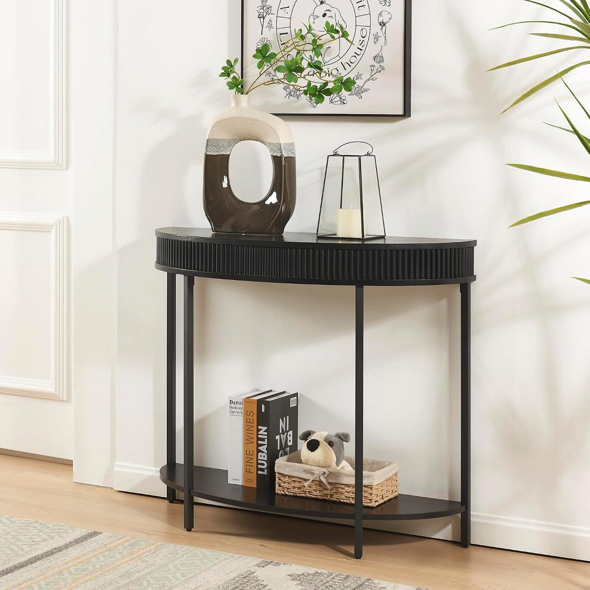 Fluted Half Moon Console Table, Modern 2-Tier Black Entryway Console