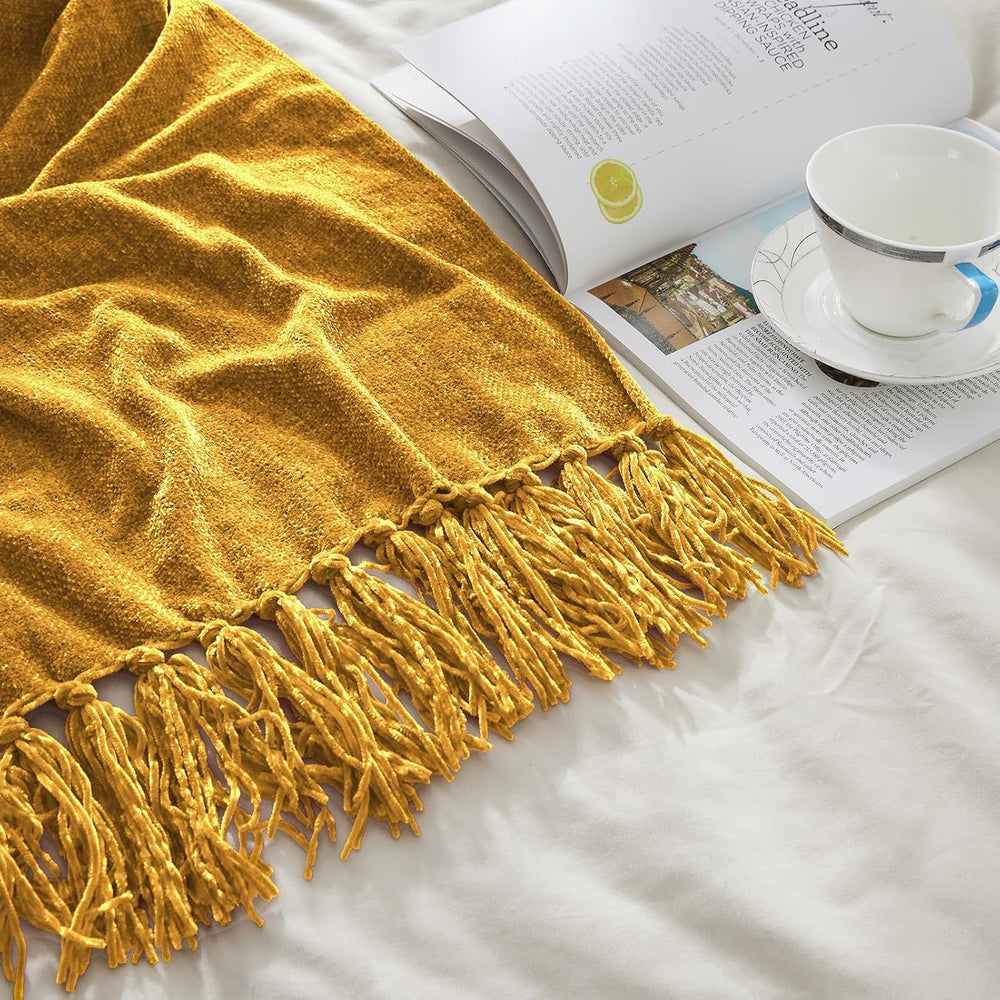 CozeCube Chenille Throw Blanket, Harvest Gold Fringe Blanket, 50"X60"