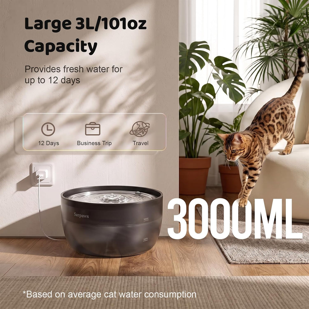 SARPAWS Cat Water Fountain Stainless Steel, 101oz/3L Automatic Pet Water Disp...