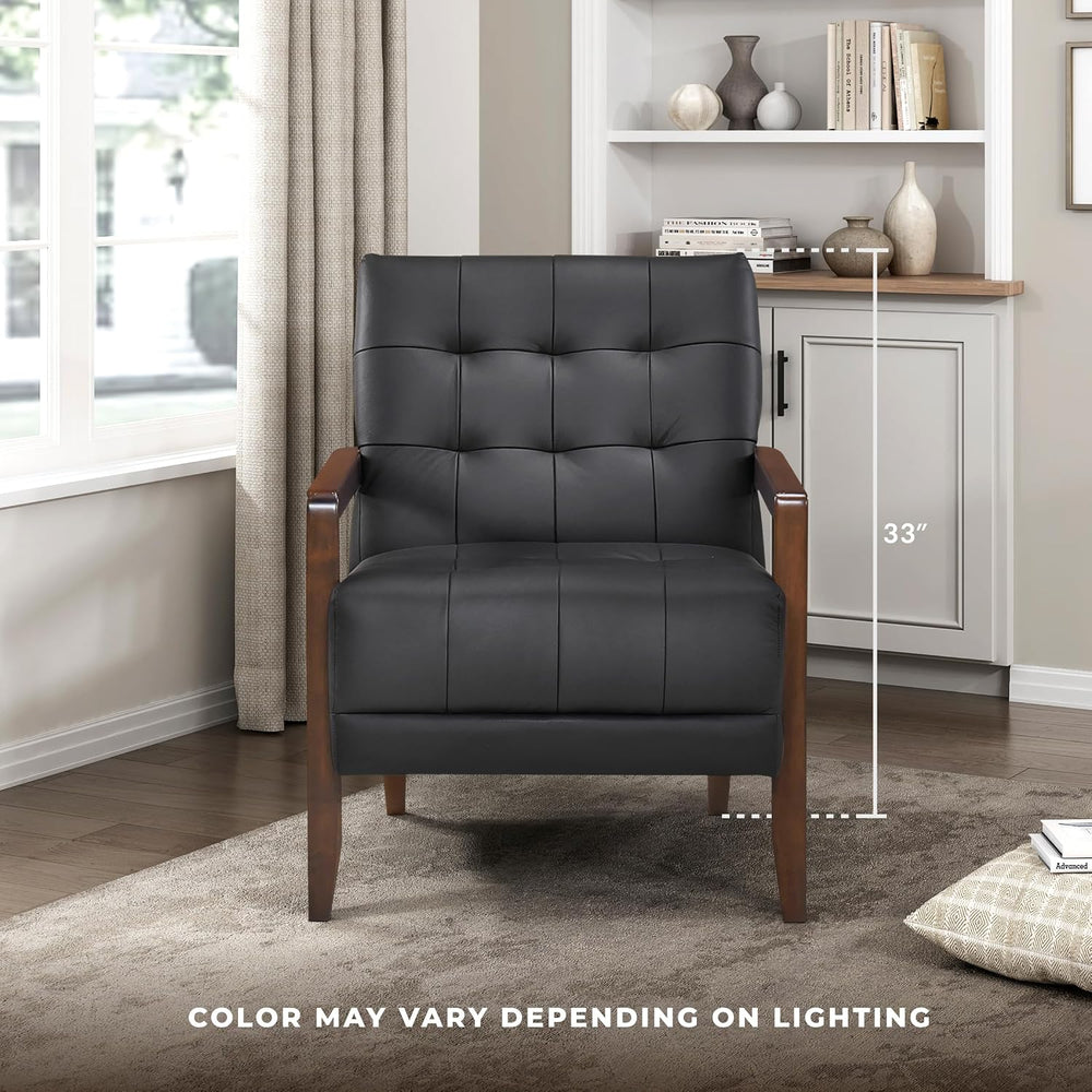 Lexicon Modern Leather Match Accent Chair,Tufted, Solid Wood Arms,Black