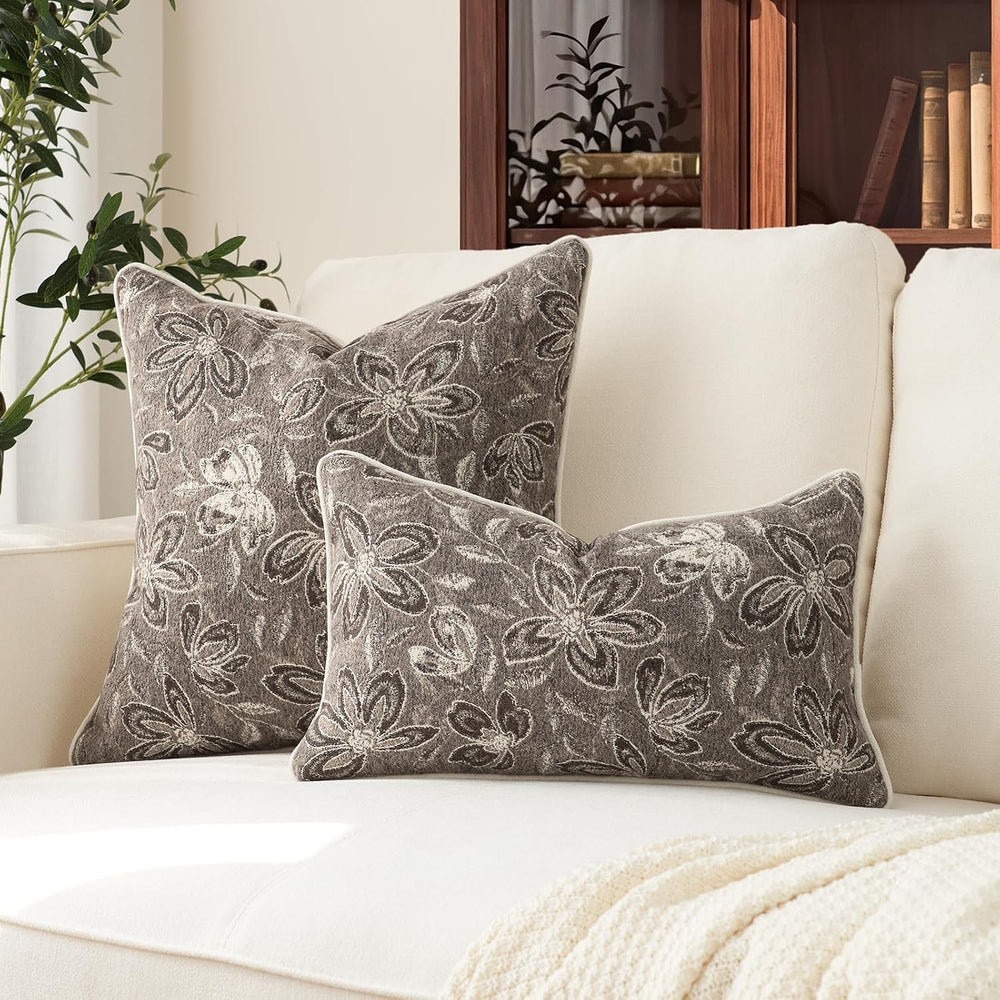 MATTINS Vintage Floral Patterned Throw Pillow Covers 24x24, Gray Brown 2PC