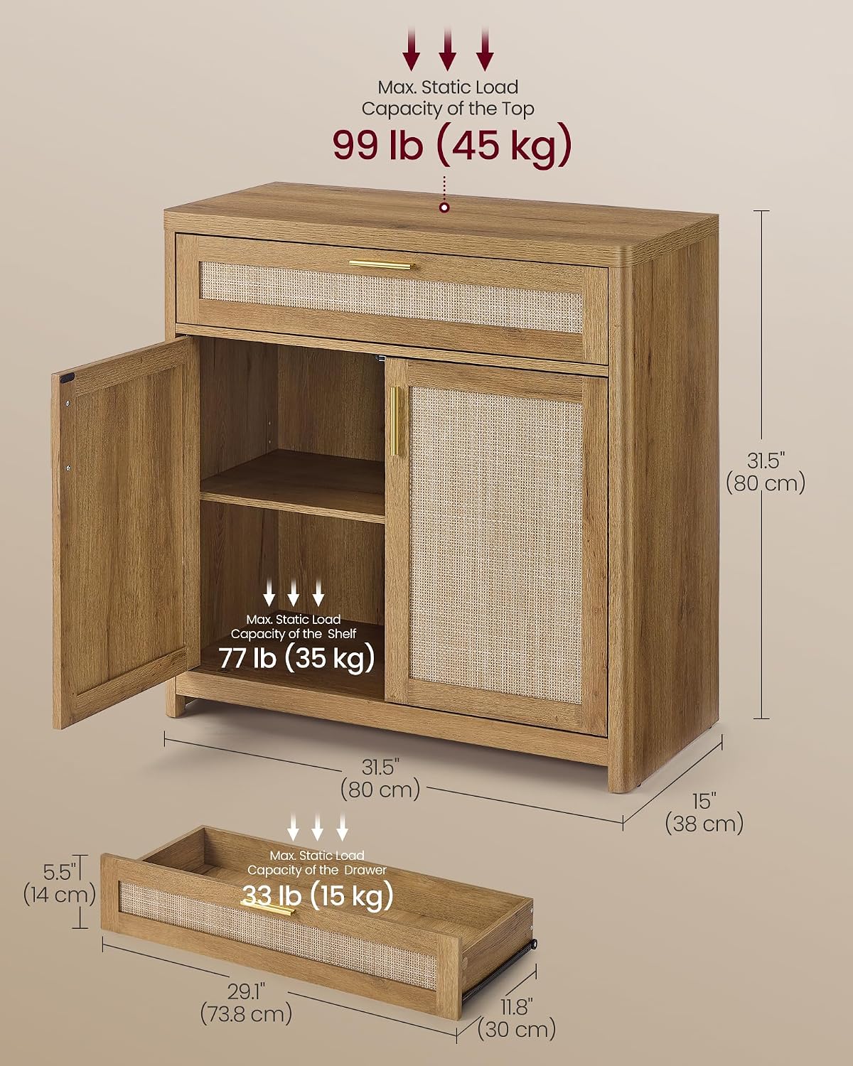 VASAGLE Boho Buffet Cabinet with Rattan-Look Doors, Adjustable Shelf
