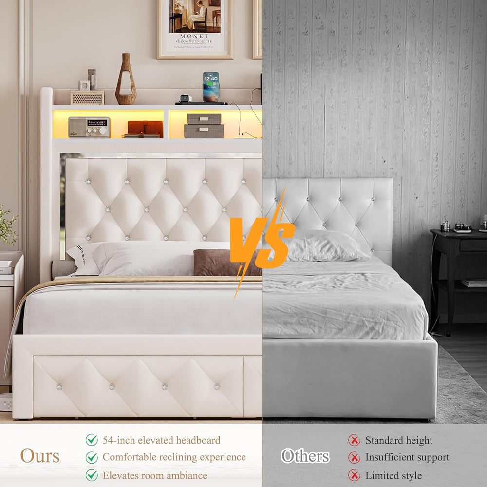 Keyluv Queen Velvet LED Bed Frame with 2 Drawers & Charging Station, Beige