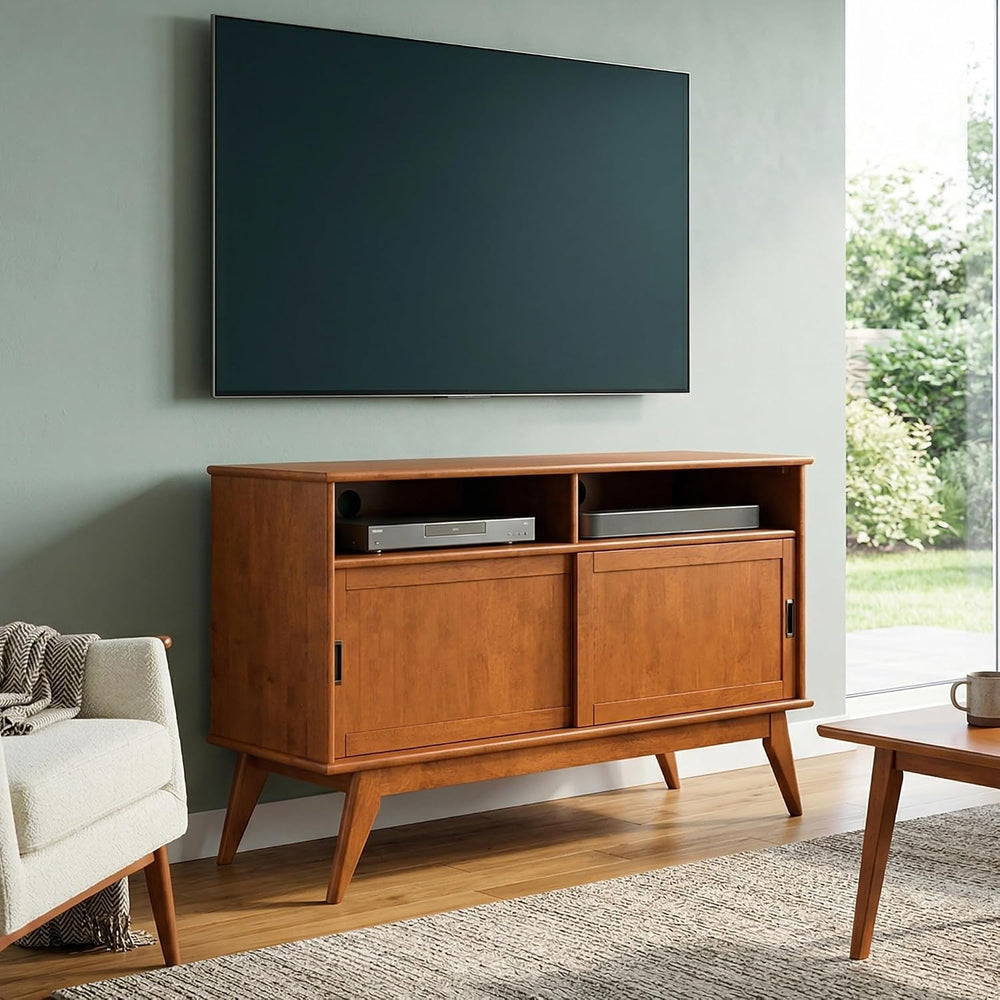SIMPLIHOME Draper 54" Wide Solid Wood TV Stand in Teak Brown