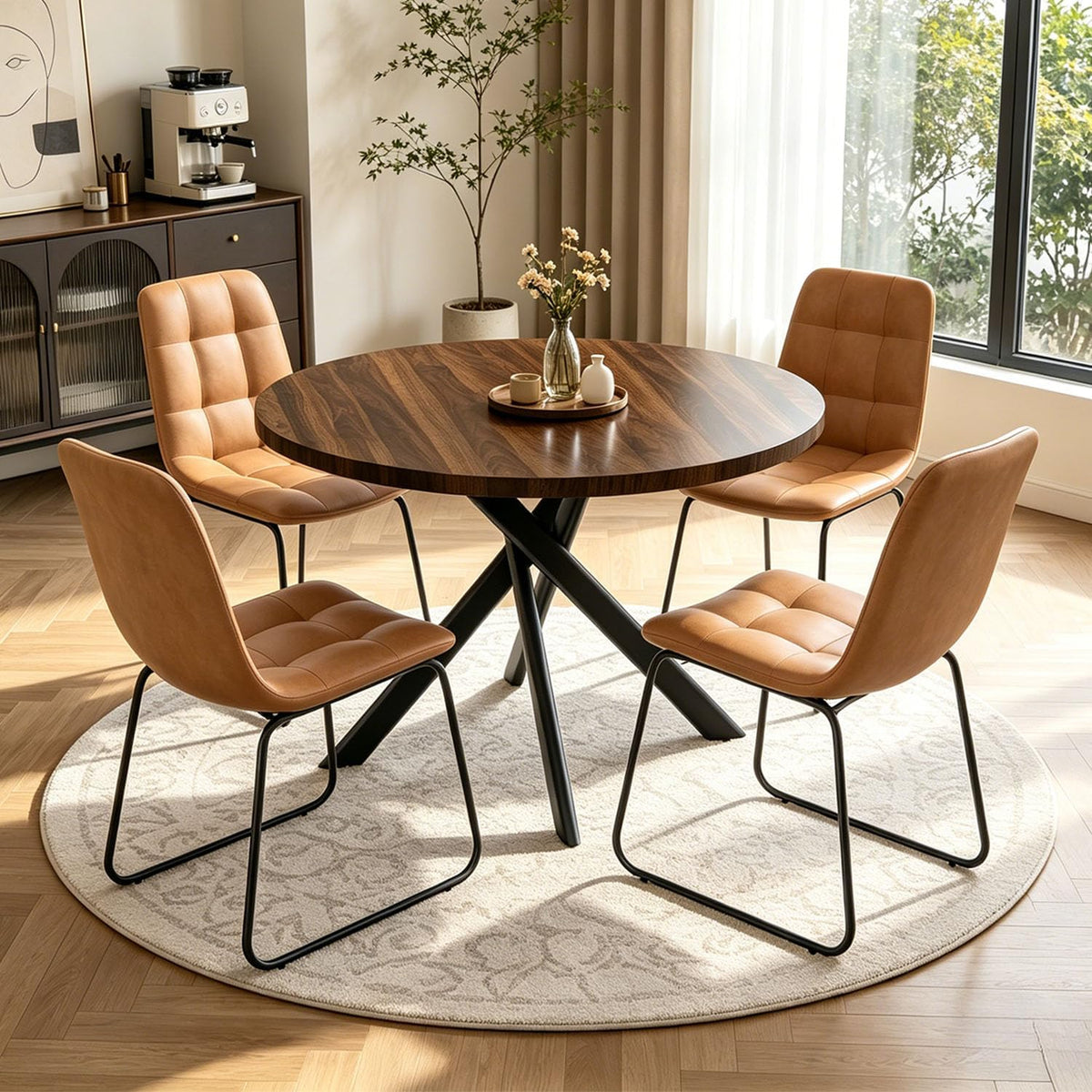 44" Round Dining Table Set for 4, Modern X-Shaped Metal Leg Table