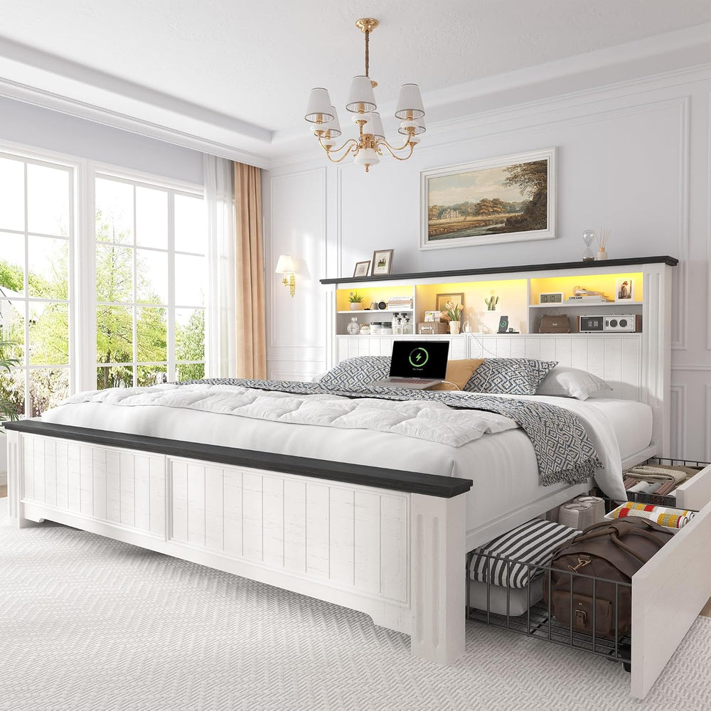 EnHomee King Size Bed Frame and Headboard & 4 Storage Drawers,White