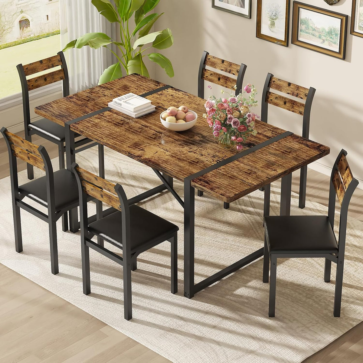 Recaceik 7-Piece Dining Table Set with 6 Chairs, 55" Wooden Kitchen Table & Chairs Set for 4-6, Dining Room Table and Chairs with Solid Metal Frame & MDF Board for Small Space, Easy Assembly, Brown