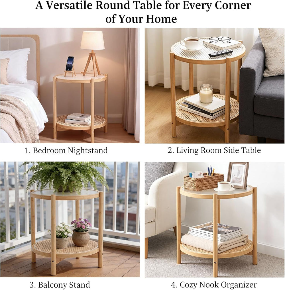 Tiita Rattan Side Table, Modern Round Bamboo End Table, Glass Top, Wood