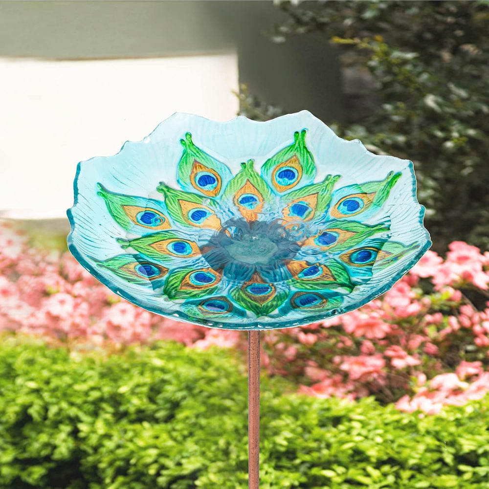 MUMTOP Glass Bird Bath, Garden Outdoor Birdfeeder with Metal Stake, Peacock