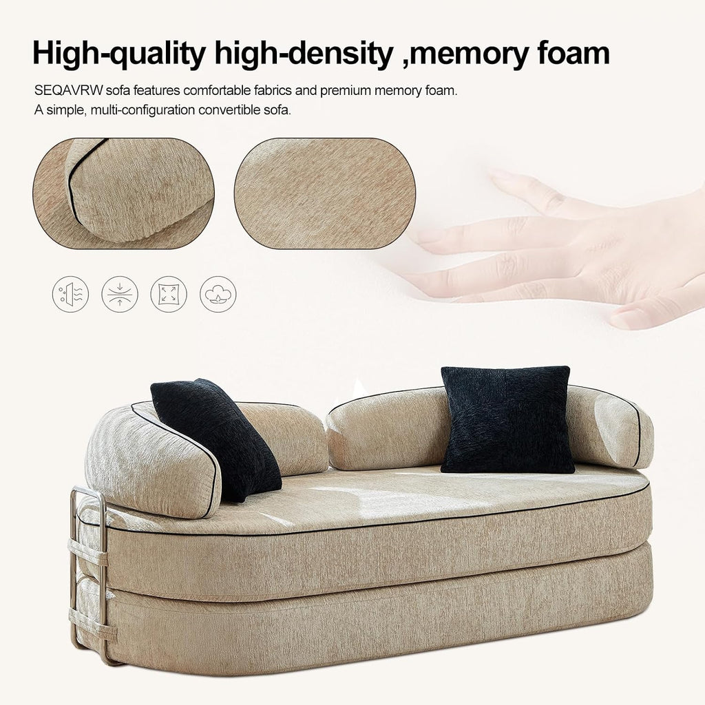 4-in-1 Folding Convertible Sofa Bed, 78 Inch Compression Oversized Corduroy Upholstered Boneless Couch with Fixed-Shape Frame, Loveseat Sleeper with Pull Out Bed, Modular Futon Couch,Beige