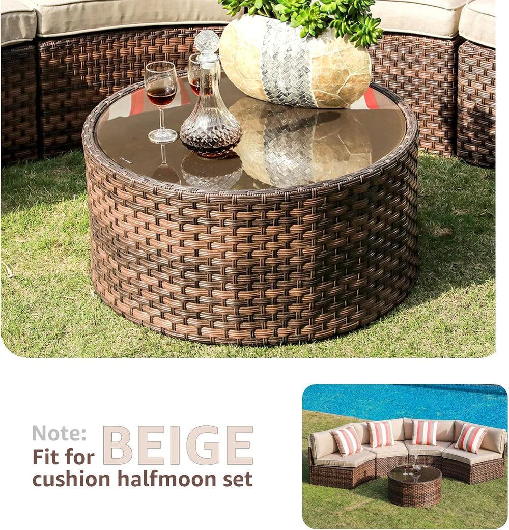SUNSITT 28" Round Wicker Outdoor Coffee Table with Tempered Glass Top Brown