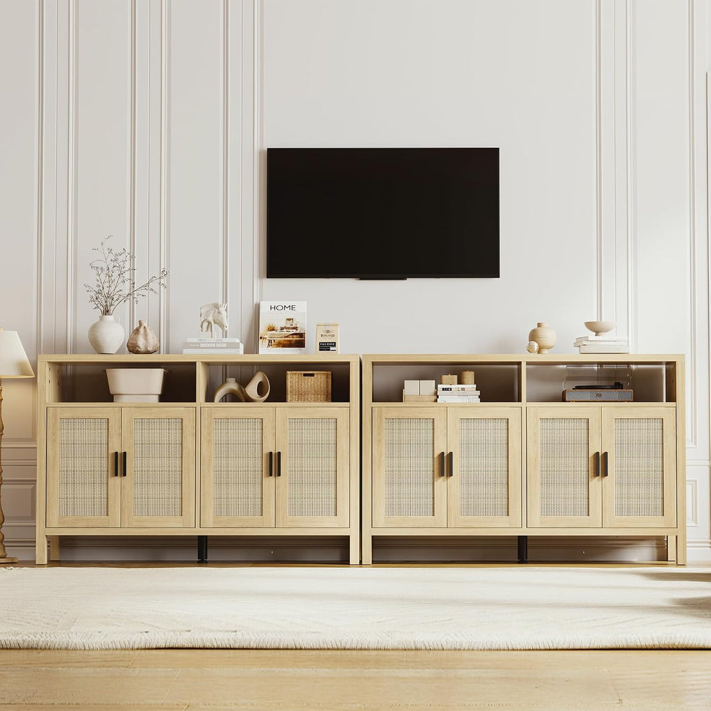 Mericonia Rattan Buffet Cabinet with Storage, Sideboard with Doors, Console Table, Farmhouse Coffee Bar, Modern Wood Storage Cabinets(Oak 2.0)