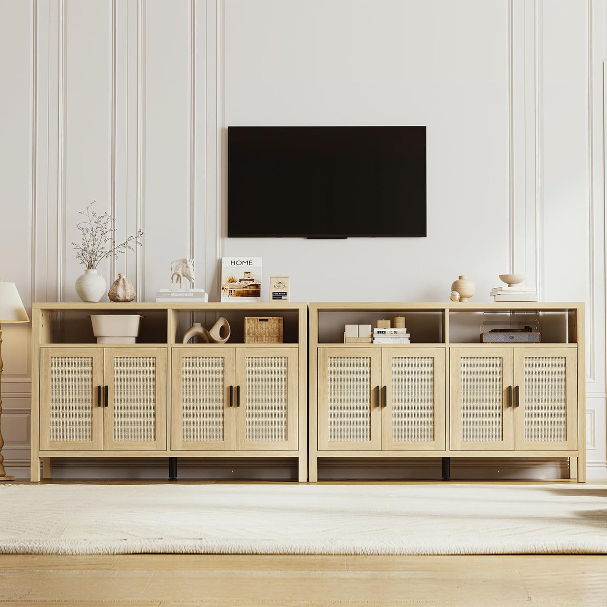 Mericonia Rattan Buffet Cabinet with Storage, Sideboard with Doors, Console Table, Farmhouse Coffee Bar, Modern Wood Storage Cabinets(Oak 2.0)