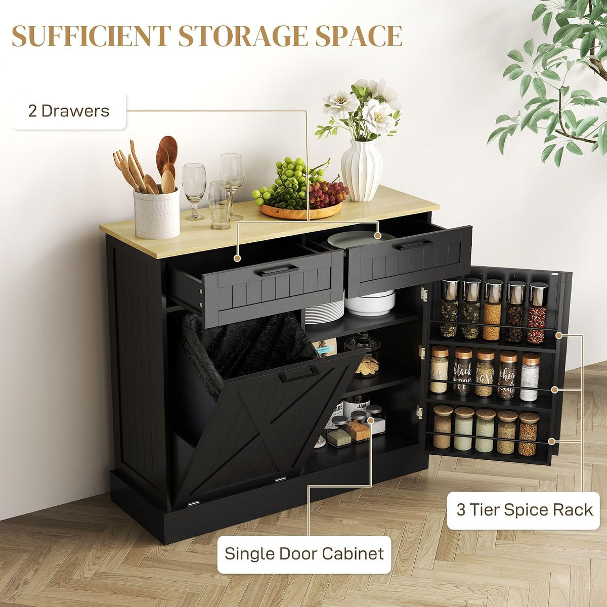 Hidden Trash Can Cabinet with Spice Rack