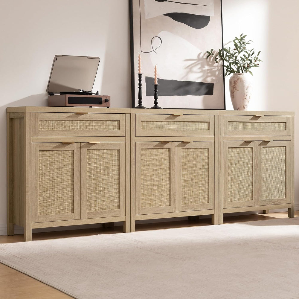 SICOTAS Sideboard Buffet Storage Cabinet, Rattan Accent Cabinet with Doors