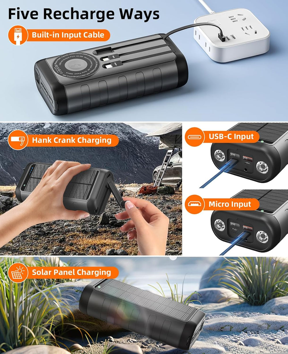 Solar Charger Power Bank 59800mAh, 6 Outputs & Hand Crank, Emergency Use