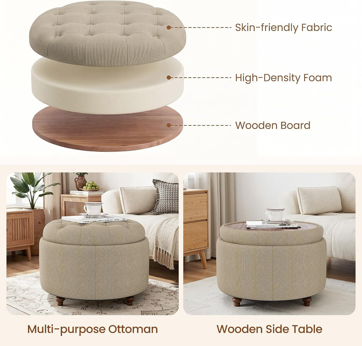 25" Round Ottoman with Storage, Small Coffee Table with Reversible Tray Lid