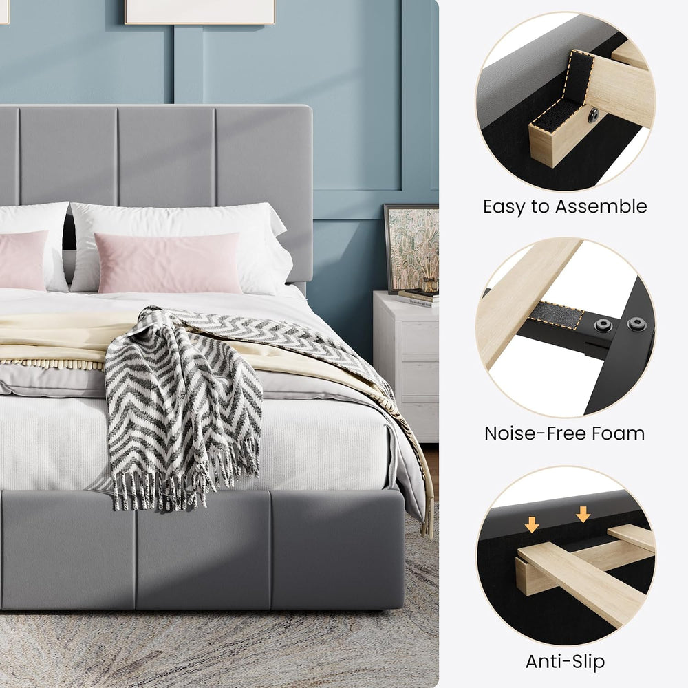 SHA CERLIN King Size Bed Frame, Velvet Upholstered Platform Bed, Grey