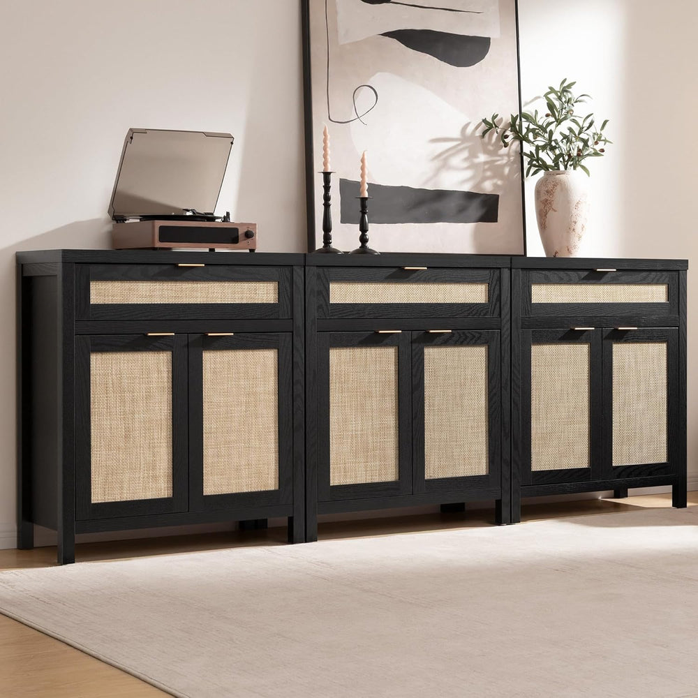 SICOTAS Sideboard Buffet Storage Cabinet, Rattan Accent Cabinet with Doors