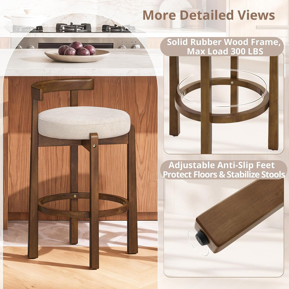 LUE BONA Counter Height Bar Stools Set of 3, 26" Linen Upholstered Low B...