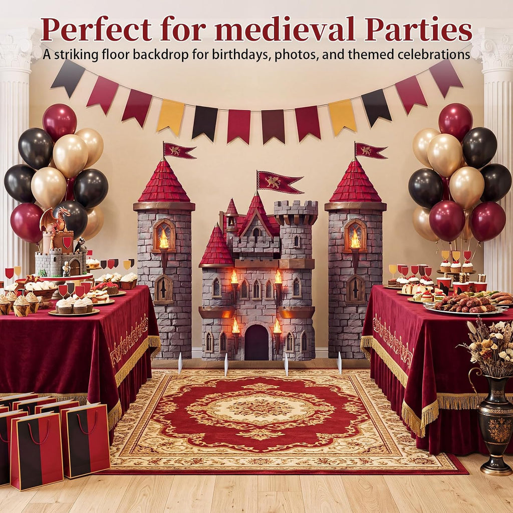 Novabright 3 Pcs Medieval Castle Backdrop Stand with Bases, Large Stone Knight and Castle Party Decorations, Freestanding Corrugated Plastic Photo Booth Props for Birthday Halloween Dragon Party