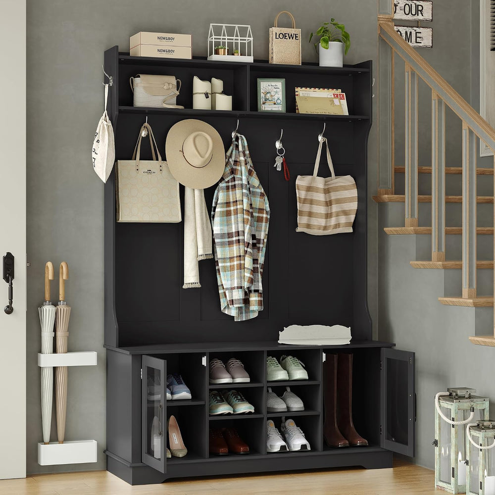 Furnihold Hall Tree, Black Entryway Bench with Coat Rack, 10 Shoe Storage &am...