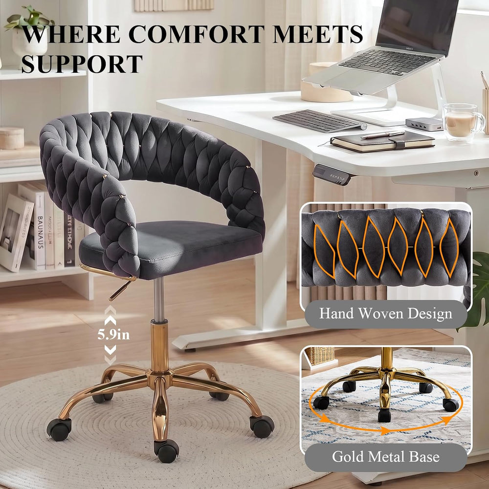NIOIIKIT Woven Home Office Chair, Velvet Swivel Desk Vanity Chair, Grey