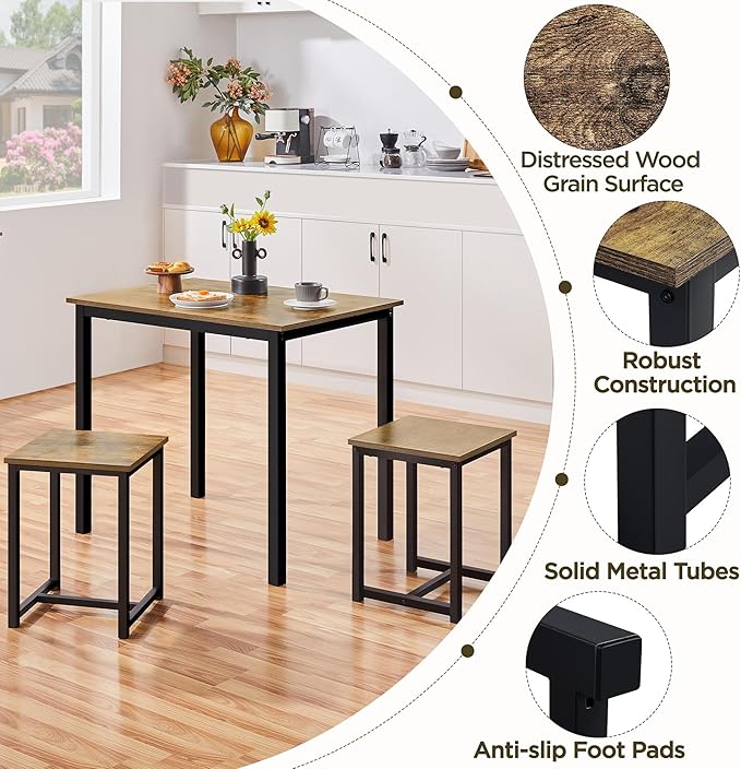 Yaheetech Industrial Dining Kitchen Table Set for 2 Breakfast Nook Table w/ 2 Stools for Dining Room Kitchen Small Space, Rustic Brown (3 Piece)