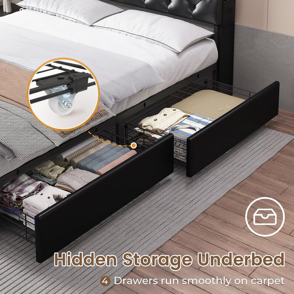HAUOMS Queen Bed Frame with Headboard and 4 Drawers, PU Black Upholstered