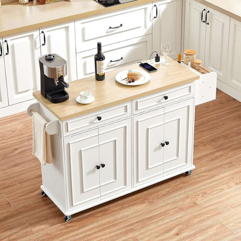 ONBRILL 58" Kitchen Island with Power Outlet, Rolling Kitchen Cart, White