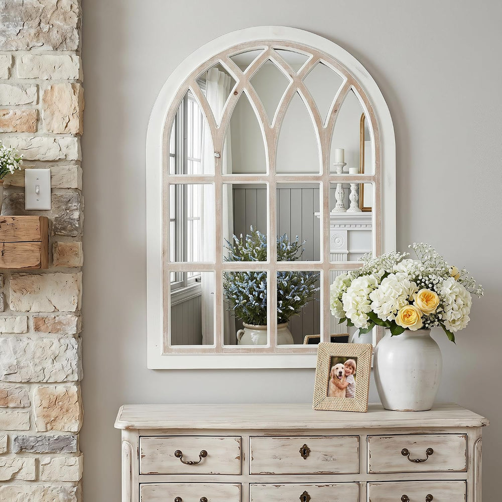 Farmhouse Window Pane Mirror, Large Decorative White Wall Mirror